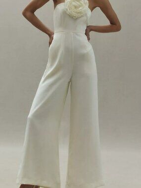 Mac Duggal Strapless Cream Jumpsuit with Floral Detail